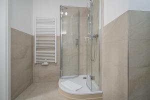 La salle de bains est pourvue d'une douche et de toilettes. dans l'établissement Hotel Villa am Stadthafen, à Neustrelitz