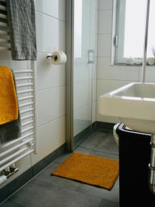 Un baño con lavabo, inodoro y ducha. en FeWo Fichte mit Balkon #Netflix #Innestadtnähe von Harztraveler, en Bad Harzburg
