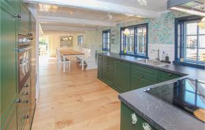 cocina con armarios verdes y suelo de madera en Awesome Home In Sams With Kitchen en Brundby