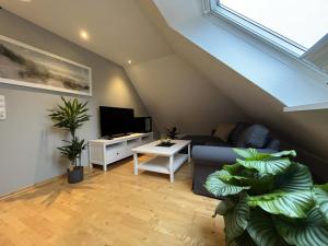 ein Wohnzimmer mit einem Sofa und einem TV in der Unterkunft Haus Kuestenperle in Schiffdorf