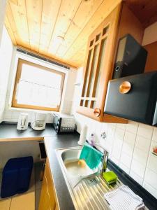 una pequeña cocina con fregadero y ventana en Allgäu Living - 46sqm, en Oberstaufen