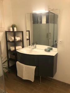 een badkamer met een wastafel en een grote spiegel bij Bayeux - Domaine Le Vivier in Castillon