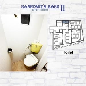 a bathroom with a toilet and a floor plan at 14名まで宿泊可能！　交通至便！　Sannomiya Base 2 in Kobe