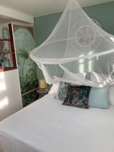 a bedroom with a white bed with a white canopy at La Kaz Hibiscus, jacuzzi privé in Le Tampon