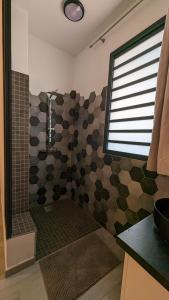 La salle de bains est pourvue d'une douche et d'un mur carrelé. dans l'établissement Villa des 3 sables, CAPUCIN, à Étang-Salé les Bains
