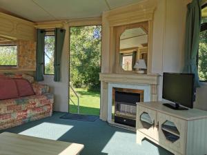 a living room with a tv and a fireplace at Secluded Farmland Retreat - Valley View in Totnes