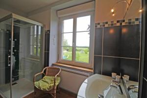 uma casa de banho com um chuveiro, um lavatório e uma janela em Le gueraudier em Glandon
