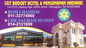 een flyer voor een hotel met een foto van een gebouw bij Lily Budget Hotel in Jertih