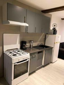 kuchnia z białą kuchenką i zlewem w obiekcie Appartement Essentiel w mieście Givet