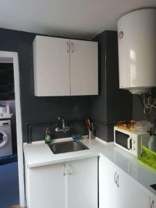 a kitchen with white cabinets and a sink and a microwave at Apartamento 2 dormitorios Barrio Lavapies in Madrid