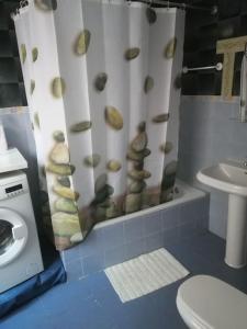 a bathroom with a shower curtain with shells on it at Apartamento 2 dormitorios Barrio Lavapies in Madrid