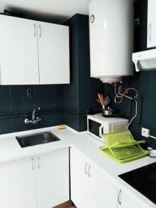 a kitchen with white cabinets and a sink and a microwave at Apartamento 2 dormitorios Barrio Lavapies in Madrid