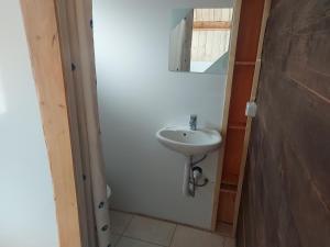 ein Bad mit einem Waschbecken und einem Spiegel in der Unterkunft Studio apartman Planinska Bajka in Olovo
