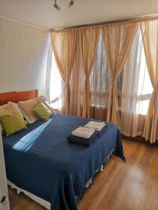 um quarto com uma cama com lençóis e cortinas azuis em Depto Santiago San Miguel Metro Lo Vial em Santiago