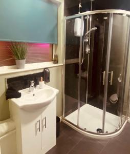 a bathroom with a shower and a sink at The Rose Garden Room - self contained studio in Ballycastle