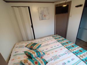 een kleine slaapkamer met een bed met kussens erop bij Naturistenlogement op FlevoNatuur in Zeewolde
