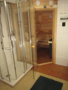 a walk in shower in a bathroom next to a kitchen at Haus W5 - DorfResort Mitterbach in Mitterbach