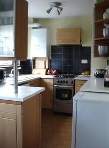 a kitchen with wooden cabinets and a stove top oven at 2 Dbl Bed Top Floor Modern Oriental Flat Greenwich Park in London
