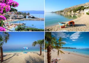4 fotos diferentes de una playa con palmeras y el océano en Beach House Lemonade, en Jesenice