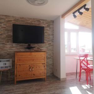 a living room with a television on a brick wall at Soulmate Rooftop Apartment in Rome