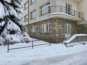 a building with snow on the ground in front of it at Apartament u Maliny in Krynica Zdrój