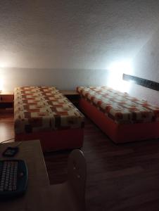 two beds in a room with a table and a couch at Ferienwohnung mit Elbwiesenblick in Lutherstadt Wittenberg