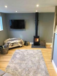 a living room with a fireplace and a flat screen tv at Cute studio cottage. Wood burner. Amazing views in Longhope