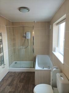 a bathroom with a shower and a toilet and a tub at Family friendly home Saltburn with Seaview in Skelton