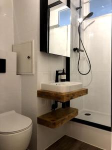 łazienka z umywalką, toaletą i lustrem w obiekcie Apartment Bourg St Maurice w mieście Bourg-Saint-Maurice