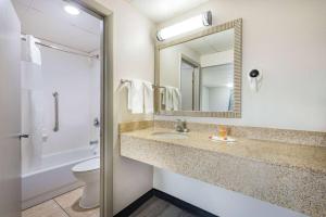 a bathroom with a sink and a toilet and a mirror at Days Inn by Wyndham Fredericksburg North in Fredericksburg