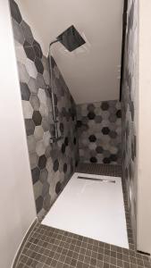 a small bathroom with a shower with a tiled floor at Villa des 3 sables, MACABI in L'Étang-Salé les Bains