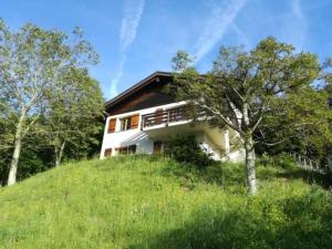 uma casa no topo de uma colina com uma árvore em Ferienhaus Seppi "Seen und Berge" em Seelisberg