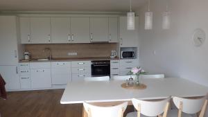 biała kuchnia z białym stołem i krzesłami w obiekcie Apartments A + L w mieście Rumburk
