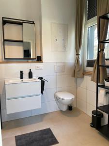 bagno con servizi igienici, lavandino e specchio di Ferienwohnung Horloffblick a Hungen