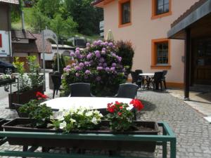 a patio with flowers and a table with flowers at Hotel Hirsch in Seebach
