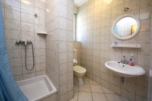 W łazience znajduje się umywalka, toaleta i lustro. w obiekcie Apartments & Rooms Villa Petra w mieście Žaborić