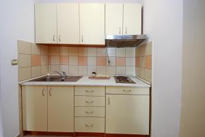 a small kitchen with white cabinets and a sink at Apartments & Rooms Villa Petra in Zaboric