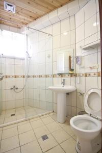 埔里鎮的住宿－Q House ，浴室配有卫生间、淋浴和盥洗盆。