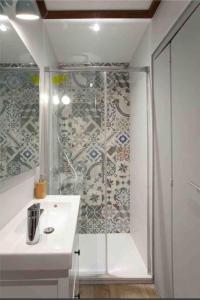 W łazience znajduje się prysznic i biała umywalka. w obiekcie Appartement lumineux en centre-ville w mieście Arles +16 zdjęć
