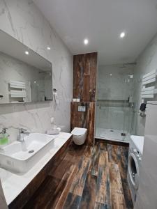 a bathroom with a sink and a toilet and a shower at Paderewskiego Old Town Apartaments in Kraków