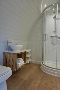 W łazience znajduje się umywalka i prysznic. w obiekcie EASTRIDGE GLAMPING w mieście Shrewsbury