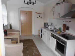 eine Küche mit einer Spüle und einer Arbeitsplatte in der Unterkunft Grüne Villa in Kromlau