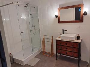 a bathroom with a shower and a sink and a mirror at Baia, Une charmante maison avec jardin in Flagy +34 photos