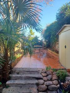 une passerelle en pierre avec des palmiers et un bâtiment dans l'établissement Un petit oasis en plein centre de Céret., à Céret
