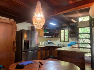 a kitchen with a stainless steel refrigerator and a chandelier at Casa Papaya in Uvita