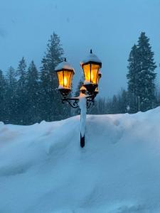 a street light in the snow with snow on it at Harmatówka Concept Mountain in Bukowina Tatrzańska
