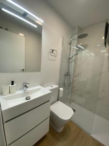 y baño con aseo, lavabo y ducha. en Lovely Private Suite Center, en Málaga