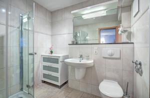 La salle de bains est pourvue d'un lavabo, de toilettes et d'une douche. dans l'établissement Ostseeresidenz Gorki- Park - 11 mit Wellness und Schwimmbad, à Bansin