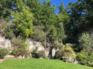 Castelnau-de-MontratierにあるDétente en campagne dans le quercy une Chambre lit double et un matelas d appoint une personne dans le salonの高台の茂みと木々のある庭園