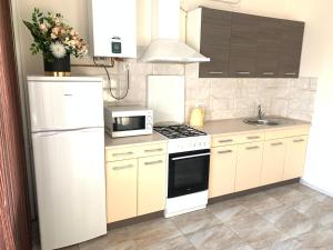 a kitchen with a white refrigerator and a microwave at Комфортна квартира. Поруч парк in Ternopilʼ